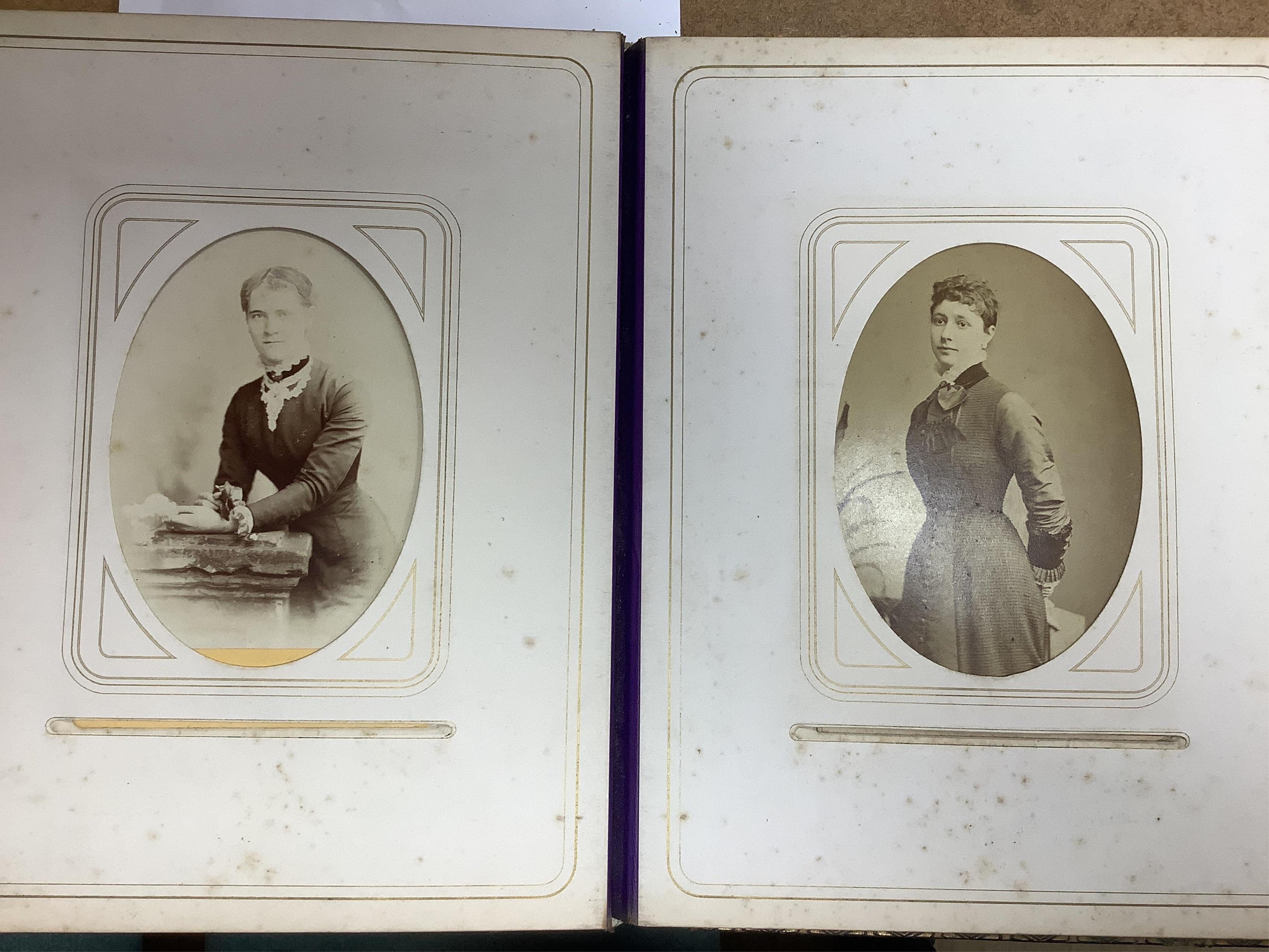 A Victorian malachite mounted amboyna family photograph album, 23cm x 30cm